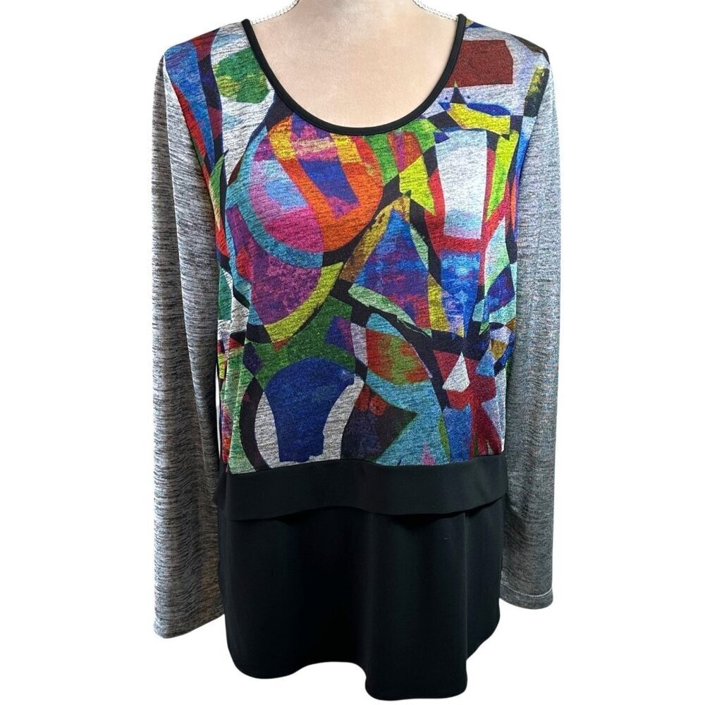 Joseph Ribkoff Black and Multicolor Geometric Stained Glass Tunic Top Size 10
